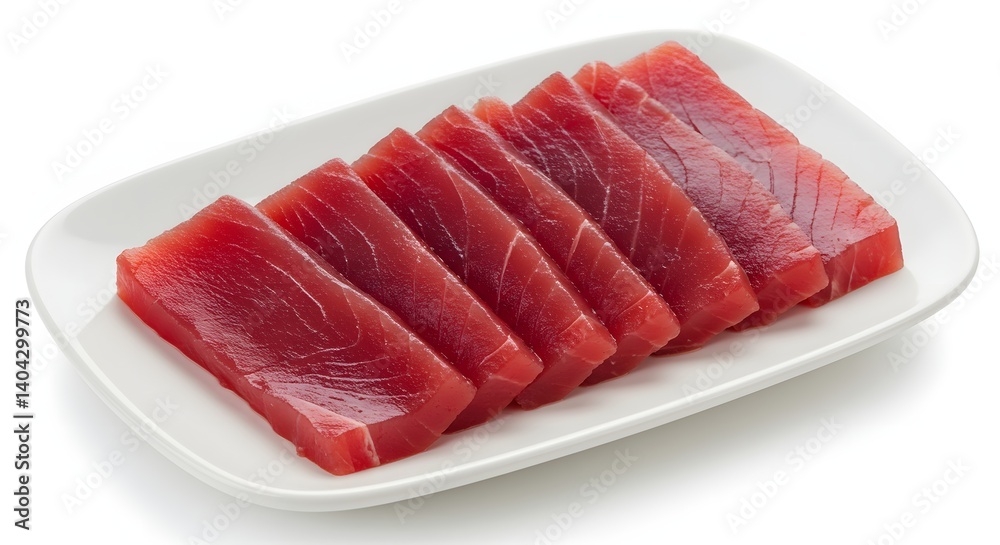A beautifully arranged tuna sashimi platter with thin slices of fresh, dark red tuna on a white ceramic plate. A beautifully arranged tuna sashimi platter with thin slices of fresh, dark red tuna on a white ceramic plate.