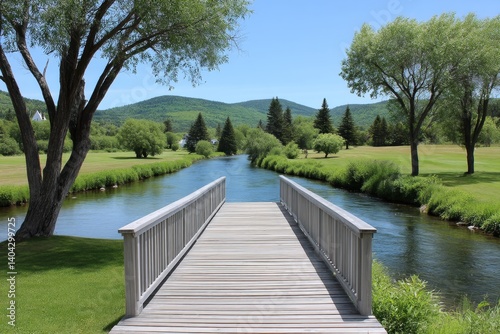A river crossing a meadow with a wooden bridge in the distance