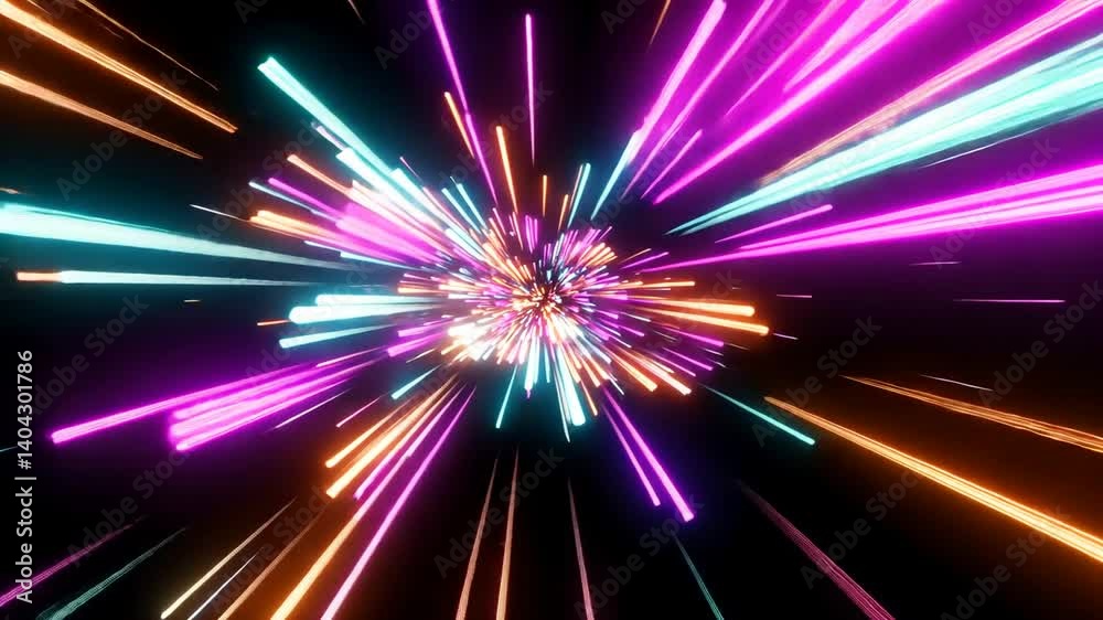 Vibrant, colorful streaks of light burst from a central point against a dark background, suggesting motion Vibrant, colorful streaks of light burst from a central point against a dark background, suggesting motion