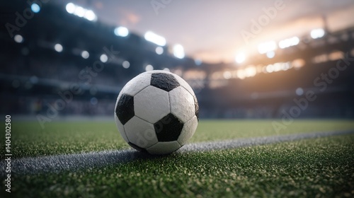 Soccer ball on grass field under stadium lights at sunset.