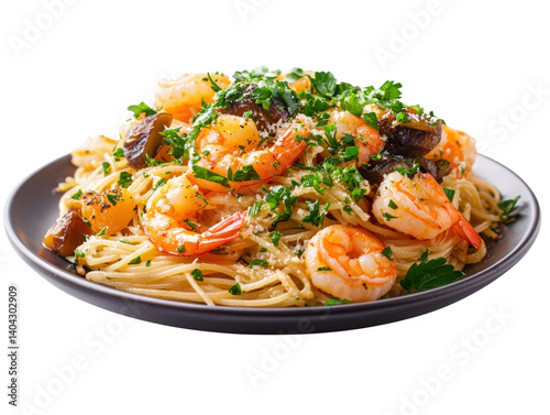 Savory plate of pasta with shrimp, mushrooms, and parmesan cheese topped with fresh herbs for a flavorful dish isolated on a white background.