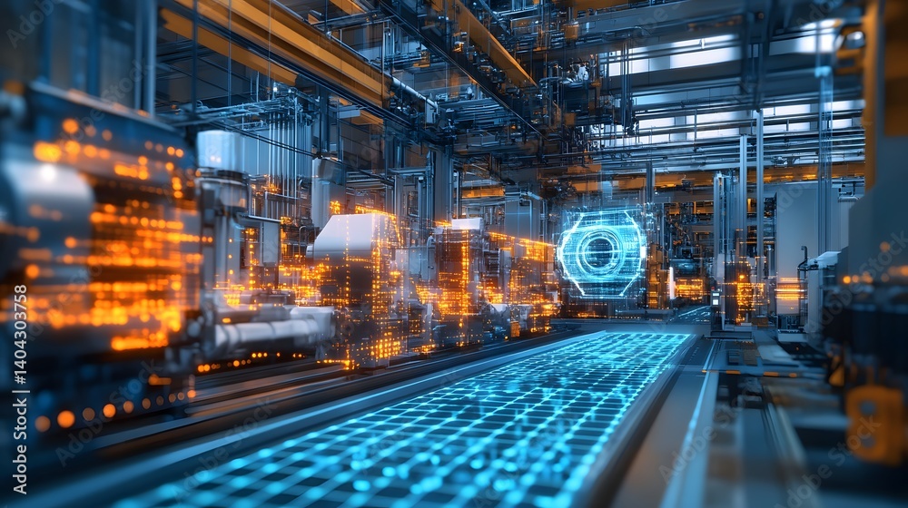 A futuristic industrial setting with a large screen displaying a blue and orange design A futuristic industrial setting with a large screen displaying a blue and orange design