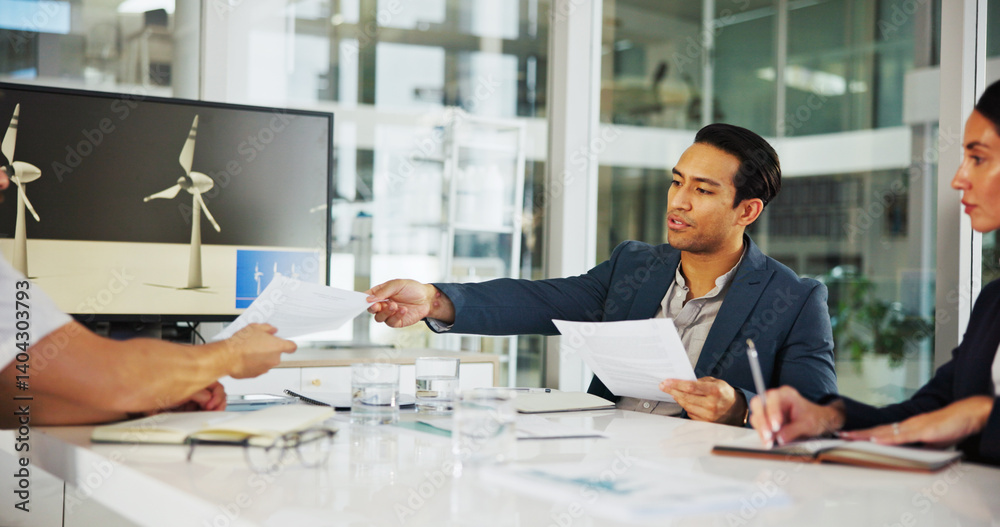 Business people, meeting or documents with discussion for renewable energy or wind turbine development. Group, employee or paperwork with design, prototype or planning model for global sustainability Business people, meeting or documents with discussion for renewable energy or wind turbine development. Group, employee or paperwork with design, prototype or planning model for global sustainability