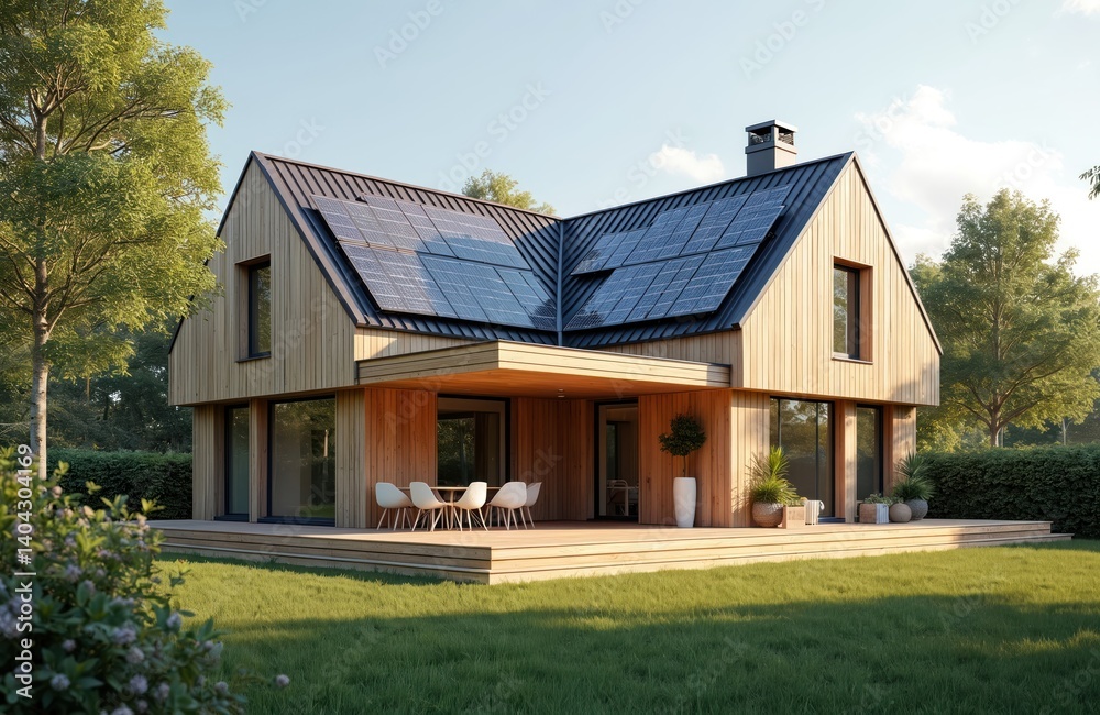 Modern wooden house with solar panels on the roof in green eco-friendly area. Contemporary villa design. Solar energy, eco-home, sustainable living, renewable resources.