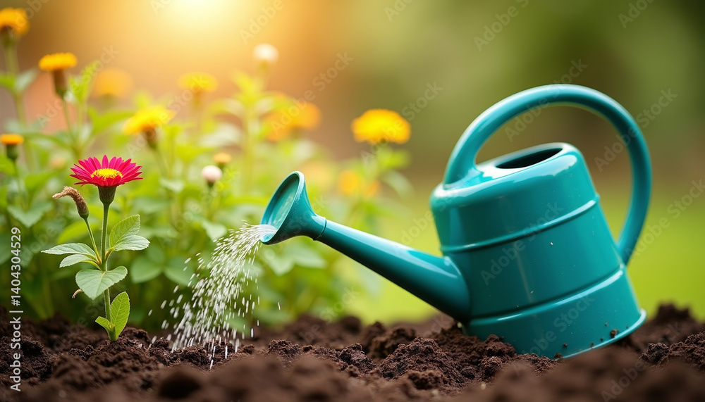 Nurturing the Garden: A Blue Watering Can in Action