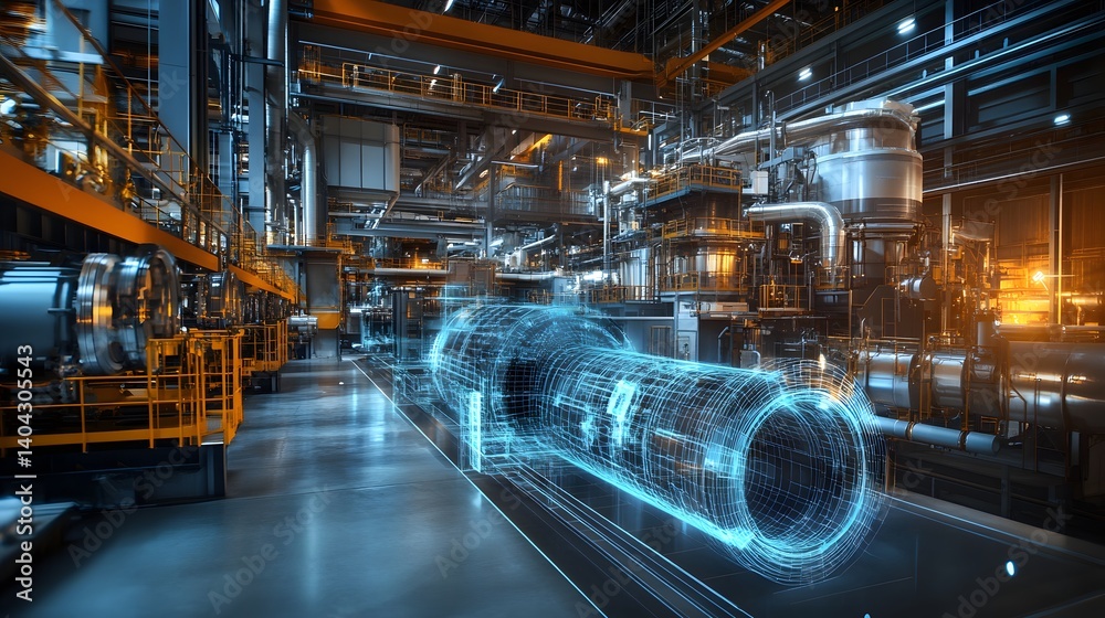 Fototapeta premium A futuristic industrial setting with a large pipe in the foreground. The pipe is surrounded by a blue and silver glow, giving the impression of a futuristic, high-tech environment
