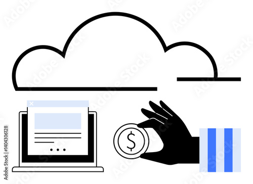 Cloud above a laptop with an online form and a hand holding a coin signifies online transactions. Ideal for finance, cloud storage, e-commerce, technology, digital payment, business, modern