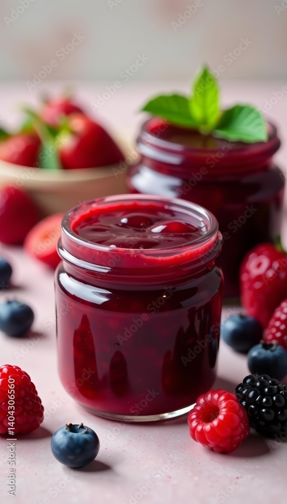 Assortment of homemade berry jams in small jars, delicious, fruity Assortment of homemade berry jams in small jars, delicious, fruity