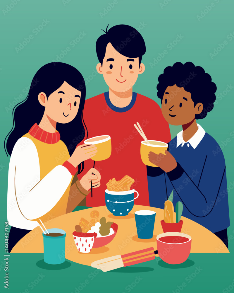 A group of roommates making sacrifices like eating ramen every night in order to split the rent and afford basic necessities.. Vector illustration A group of roommates making sacrifices like eating ramen every night in order to split the rent and afford basic necessities.. Vector illustration