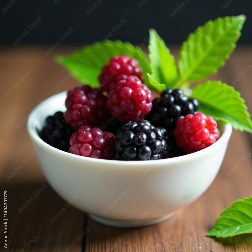 Fresh blackberries in a white ceramic bowl with green leaves on a wooden table, organic, blackberries Fresh blackberries in a white ceramic bowl with green leaves on a wooden table, organic, blackberries