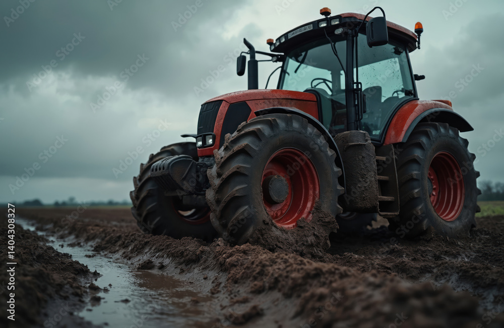 Tractor wheels in muddy field agricultural work. Farm vehicle, transportation through dirt. Heavy machinery for cultivating fields, farming. Tire tracks after rain in farmland. Cloudy day,