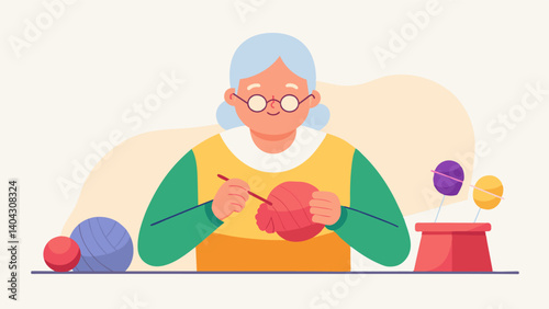 A member of the knitting club creating personalized knitted items for a local nursing home bringing comfort and joy to the residents.. Vector illustration