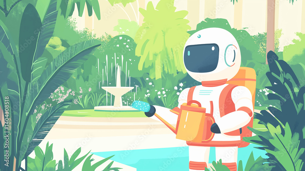 Modern Garden Care: Robot Tends to a Beautiful Garden with a Sleek Watering Can and Soft Lighting