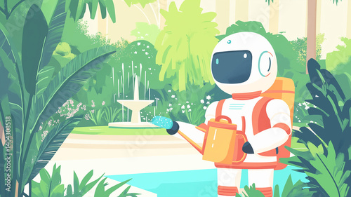 Obraz na płótnie Modern Garden Care: Robot Tends to a Beautiful Garden with a Sleek Watering Can and Soft Lighting
w salonie