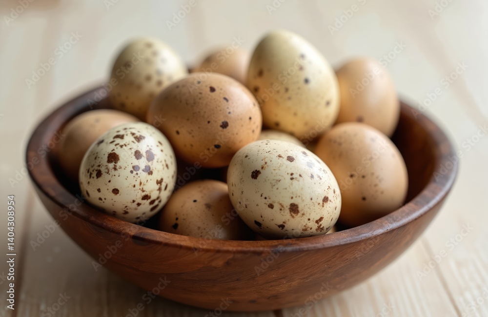 Close-up photo of quail eggs in wooden bowl. Eggs are small with speckled shell. Healthy food source of protein, great ingredient for cooking, baking recipes. Organic product from farm. Close-up photo of quail eggs in wooden bowl. Eggs are small with speckled shell. Healthy food source of protein, great ingredient for cooking, baking recipes. Organic product from farm.