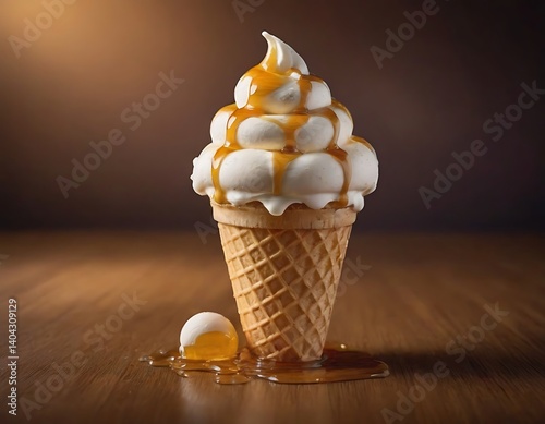 Ice cream melting and falling down naturally, creamy texture, separate cream layer on top