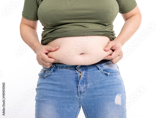 Close up of overweight young woman with fat belly