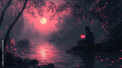 A solitary figure sits by a river at dusk, surrounded by a mystical forest, using a laptop