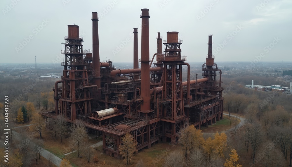 Aerial photo old abandoned steel plant in natural landscape. Rust-eaten, metal construction, pipes, chimneys. Industrial architecture, engineering tech. Heavy industry factory building, old Aerial photo old abandoned steel plant in natural landscape. Rust-eaten, metal construction, pipes, chimneys. Industrial architecture, engineering tech. Heavy industry factory building, old