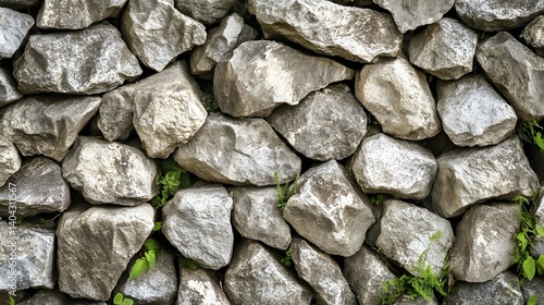 A wall made of gray rocks with some green plants growing between them.