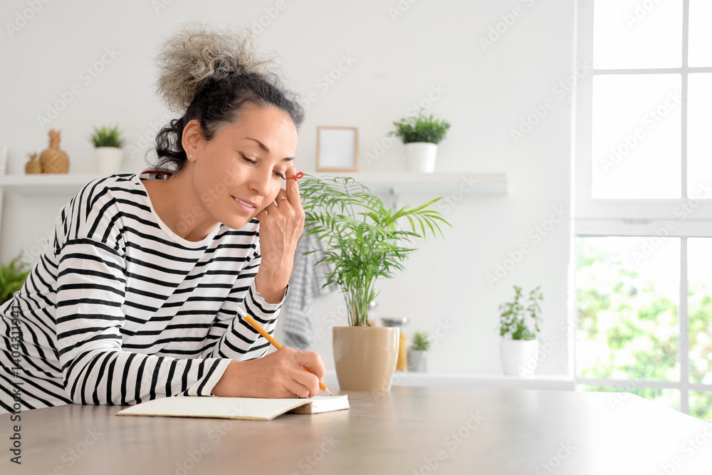 Thoughtful middle-aged woman with red string on her finger writing something in notebook at home. Reminder concept Thoughtful middle-aged woman with red string on her finger writing something in notebook at home. Reminder concept