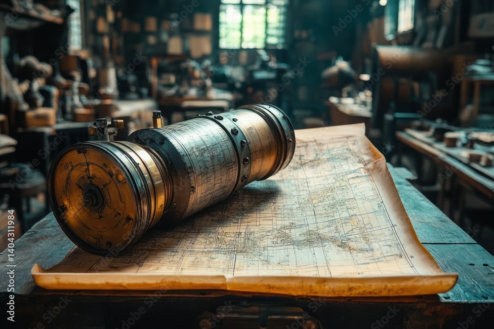 Antique scientific instrument on an old map in a historical workshop Antique scientific instrument on an old map in a historical workshop