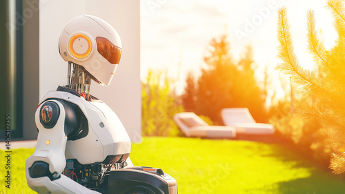Modern Gardening: Humanoid Robot Uses a High-Tech Lawnmower in a Minimalist Outdoor Space

