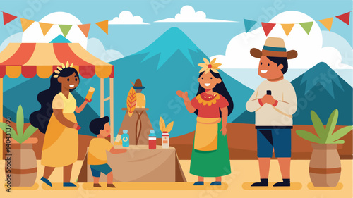 A cultural festival is held in the town square where people can sign up to learn basic greetings and phrases in languages such as Navajo H and Hawaiian.. Vector illustration