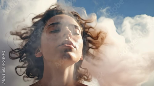 Woman enjoy face in smoke