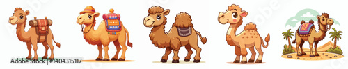 A collection of camel animal images with a cartoon style on a white background