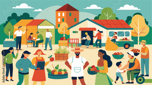 A community center transforms into a lively market filled with the hum of friendly chatter as neighbors exchange produce recipes and gardening tips.. Vector illustration