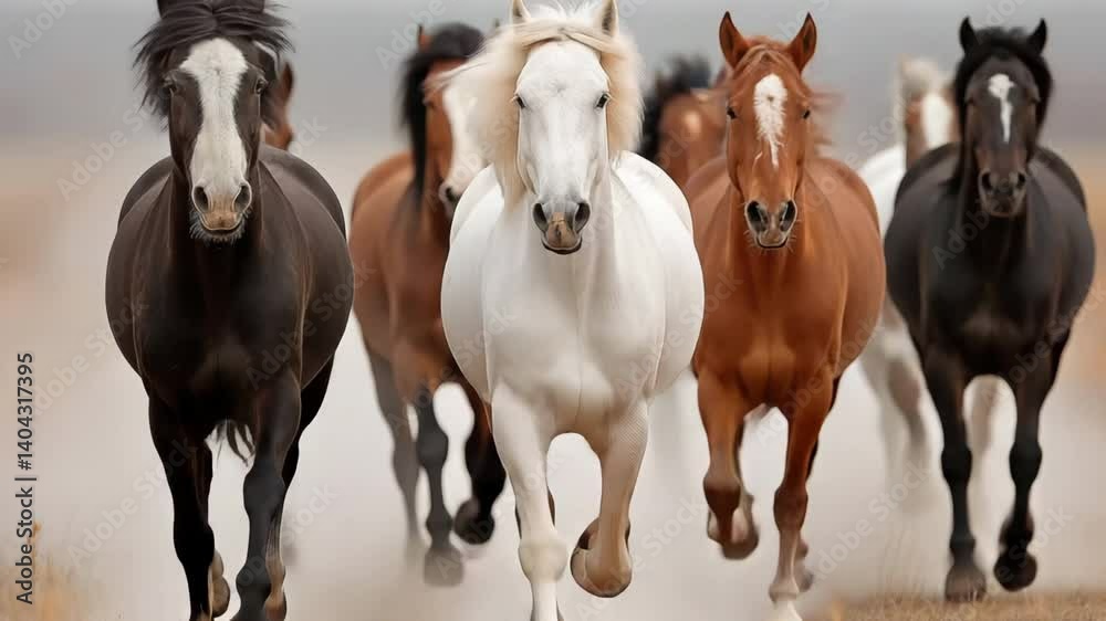 horses running together in a herd across a field,