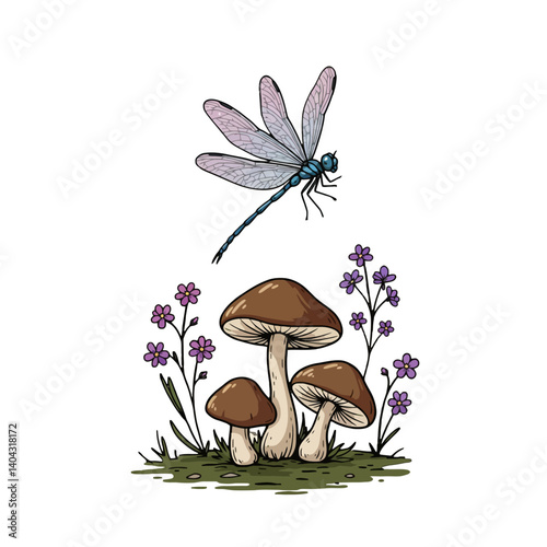 Dragonfly and Mushrooms in a Fairy Garden Illustration