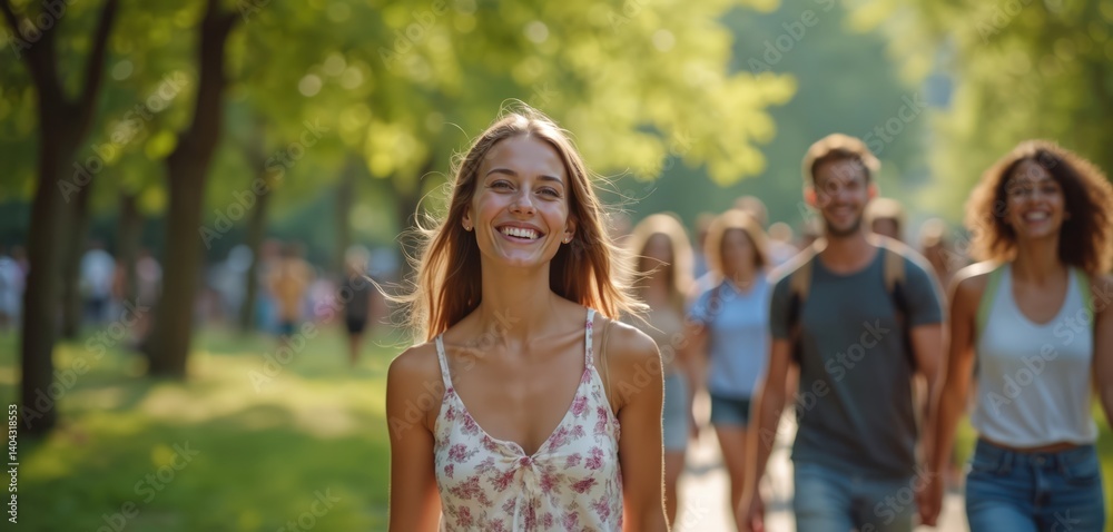 Blurred summer scene with group people walking in park. Focus on young woman smiling looking at the camera. Crowd enjoys sunny day in the city, fun lifestyle with friends, family.