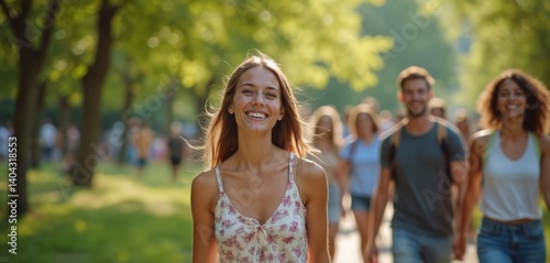 Obraz na płótnie Blurred summer scene with group people walking in park. Focus on young woman smiling looking at the camera. Crowd enjoys sunny day in the city, fun lifestyle with friends, family. w salonie