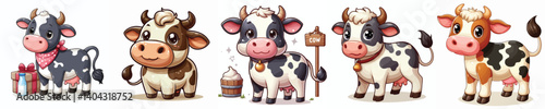 Collection of cow animal images in cartoon style with white background