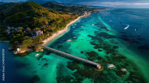 Tropical Paradise Aerial View – Turquoise Waters and Wooden Bridge in Cebu, Philippines
