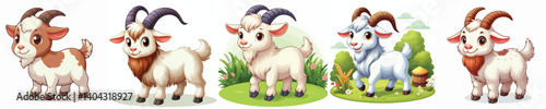 Collection of cartoon style goat animal images with white background