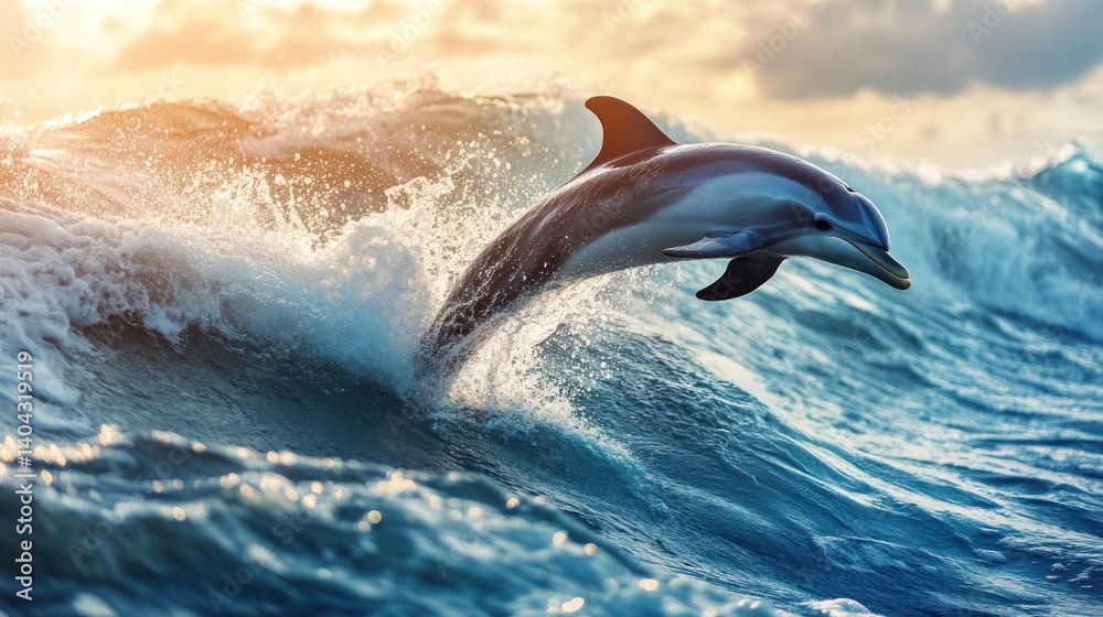 Fototapeta premium Majestic dolphin leaping over a powerful ocean wave at sunrise.