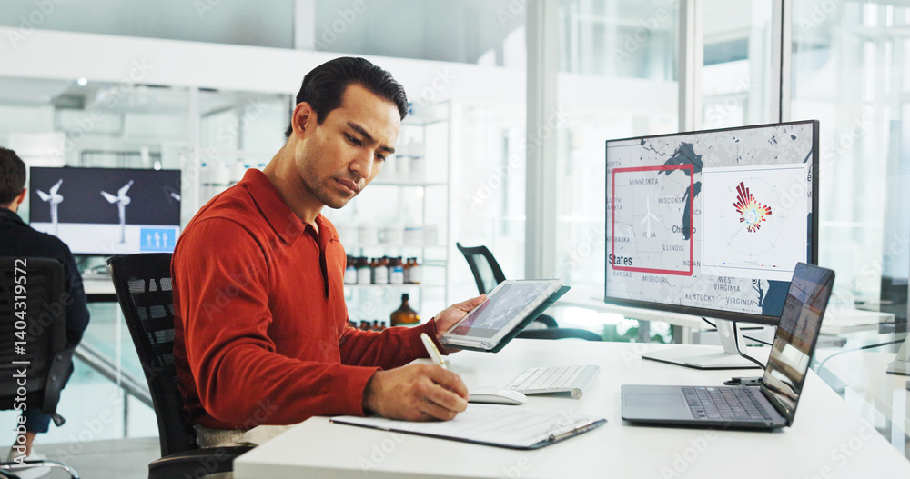 Computer screen, wind turbine and writing with business man in office for renewable energy or sustainability. Electricity, tablet and windmill with map on display for development or engineering Computer screen, wind turbine and writing with business man in office for renewable energy or sustainability. Electricity, tablet and windmill with map on display for development or engineering