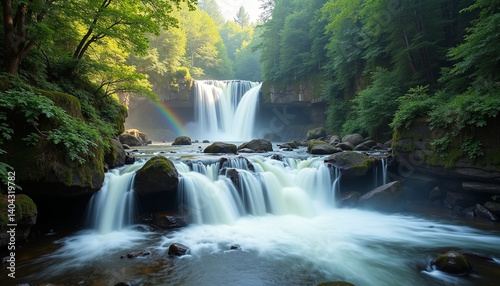 Serene Waterfall with Rainbow