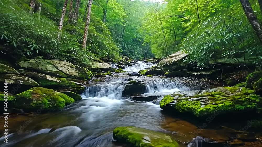 Serene forest stream flowing through lush greenery with moss-covered rocks and trees Serene forest stream flowing through lush greenery with moss-covered rocks and trees
