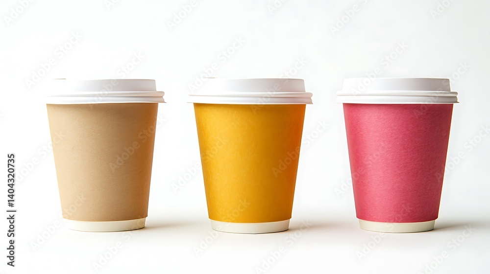 Three Colorful Disposable Coffee Cups on White Background