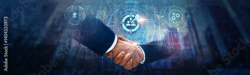 Photography Business Targeting: Businessman handshake on digital interface and partnership building across global network