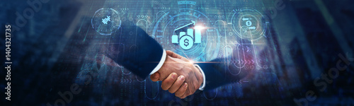 Tablou pe pânză Investment: Businessman handshake on digital interface and secure transactions on global network