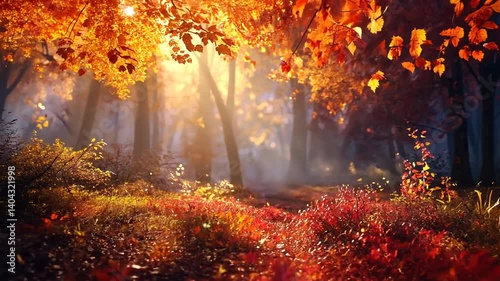 Autumnal brilliance, bright sun illuminating a forest with vibrant leaves and a inviting path