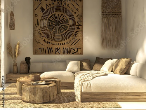 Comfortable Living Room with Rustic Decor and Warm Lighting