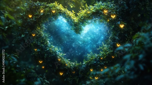 Enchanting heart-shaped frame of glowing foliage in a mystical forest