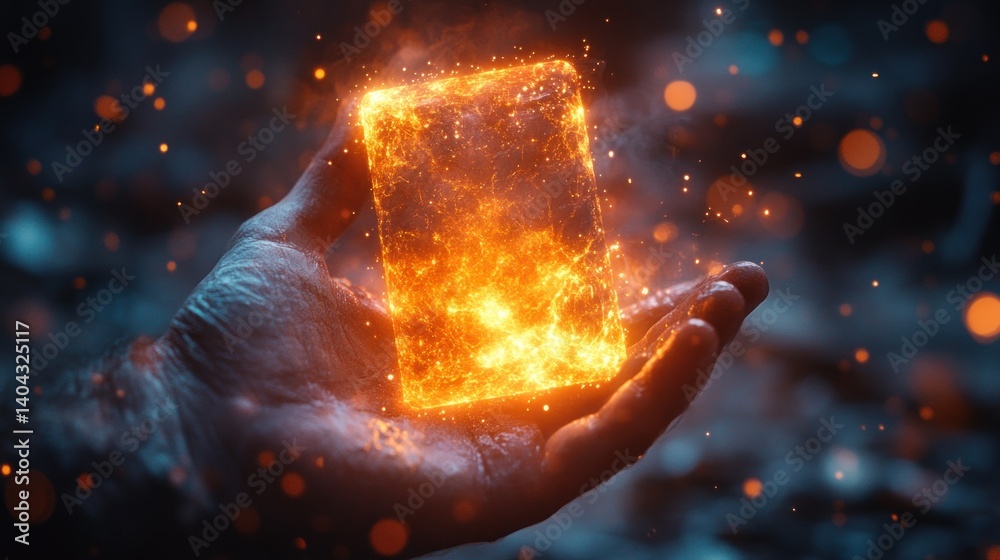Fiery glowing object in hand, dark environment, fire, smoke