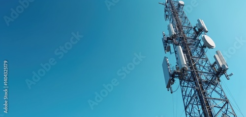 Mobile communication tower against blue sky. 5G antenna transmits wireless data, providing high-speed internet, network connection. Telecommunication tech infrastructure for global information